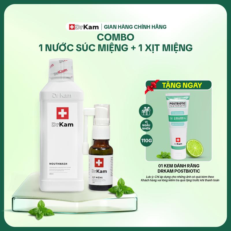 Combo DrKam chăm miệng sạch khuẩn Nước súc miệng chuẩn y khoa + Xịt miệng - Giảm hôi miệng, viêm nướu. Tặng 1 KĐR 110g vị ngẫu nhiên