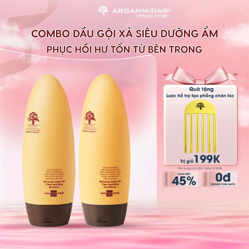 Bộ Dầu Gội Xả dưỡng tóc khô xơ ARGANMIDAS 450mlx2 GiúpTóc Mềm Mượt,  Hỗ trợ phục hồi tóc hư tổn, cấp ẩm và Ngăn ngừa Gãy Rụng  Moroccan Argan Oil