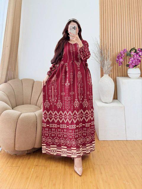 Gaun Gamis Wanita Elegan Motif Unik Cantik Lengan Panjang Bahan Tebal Nyaman untuk Acara Formal dan Santai