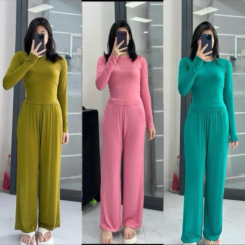 Bộ thun Lạnh Cotton croptop tay dài, quần ống rộng Nữ Women Ong Voi Áo set