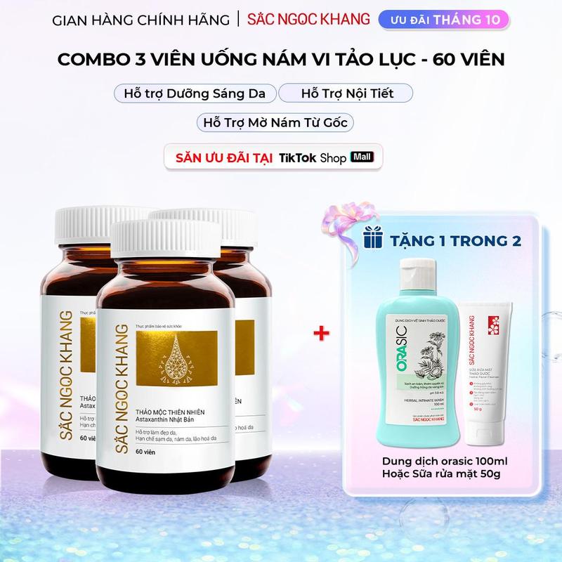 [Tặng Dung Dịch Vệ Sinh 100ml] Combo 3 Viên Uống Đẹp Da Sắc Ngọc Khang Vi Tảo Lục (Hộp 60v) - Hỗ Trợ Dưỡng Da Cải Thiện Nám, Sạm, Tàn Nhang