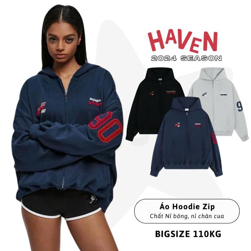  Áo Khoác Hoodie Zip boxy bigsize Haven Studio nam nữ rộng chất nỉ cua có chống nắng thêu màu đen xám xanh đen 