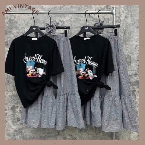 [ĐỦSIZE 38-70kg]TẶNG DÂY CỘTÓC Set Áo Phông ĐEN Phối Chân Váy Kẻ Dài