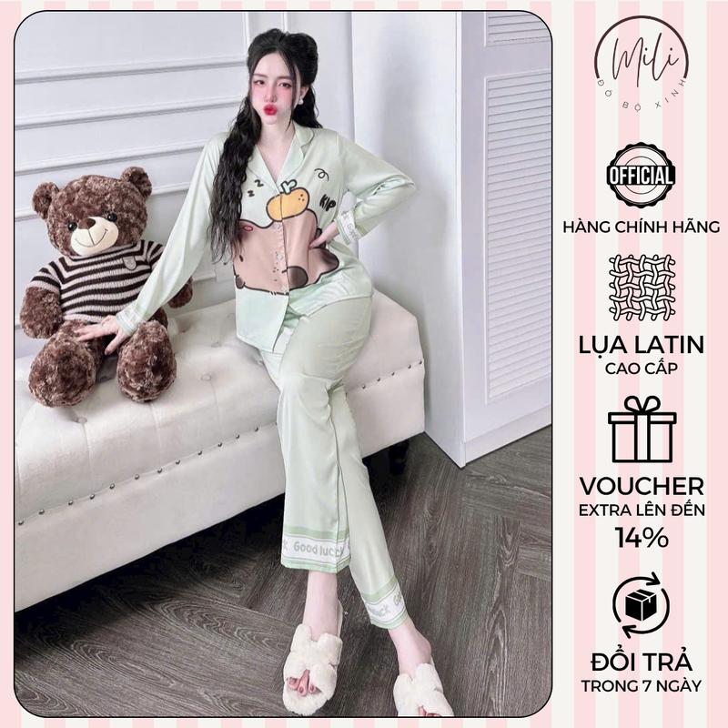 Đồ Bộ Pijama Nữ Big Size MiLi – Lụa Latin Cao Cấp, Áo Tay Dài In Capybara Đáng Yêu, Quần Dài Có Túi, Đồ Ngủ Xinh