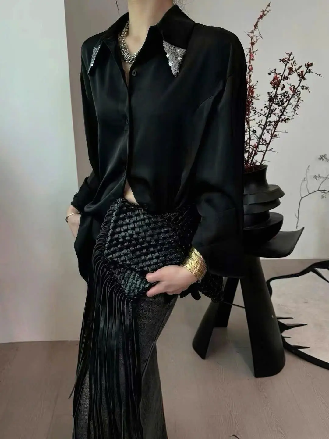(SM72) Áo sơ mi dài tay cổ bẻ phối kim tuyến lấp lánh MAIDO TRENDY sơ mi nơ