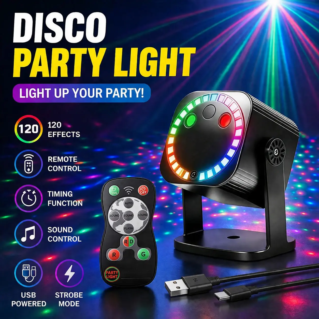 Proyektor laser mini, lampu atmosfer LED tujuh warna, lampu ritme musik RGB, lampu laser karaoke, dilengkapi kontrol jarak jauh, dekorasi berwarna-warni untuk pesta KTV yang dikendalikan suara.