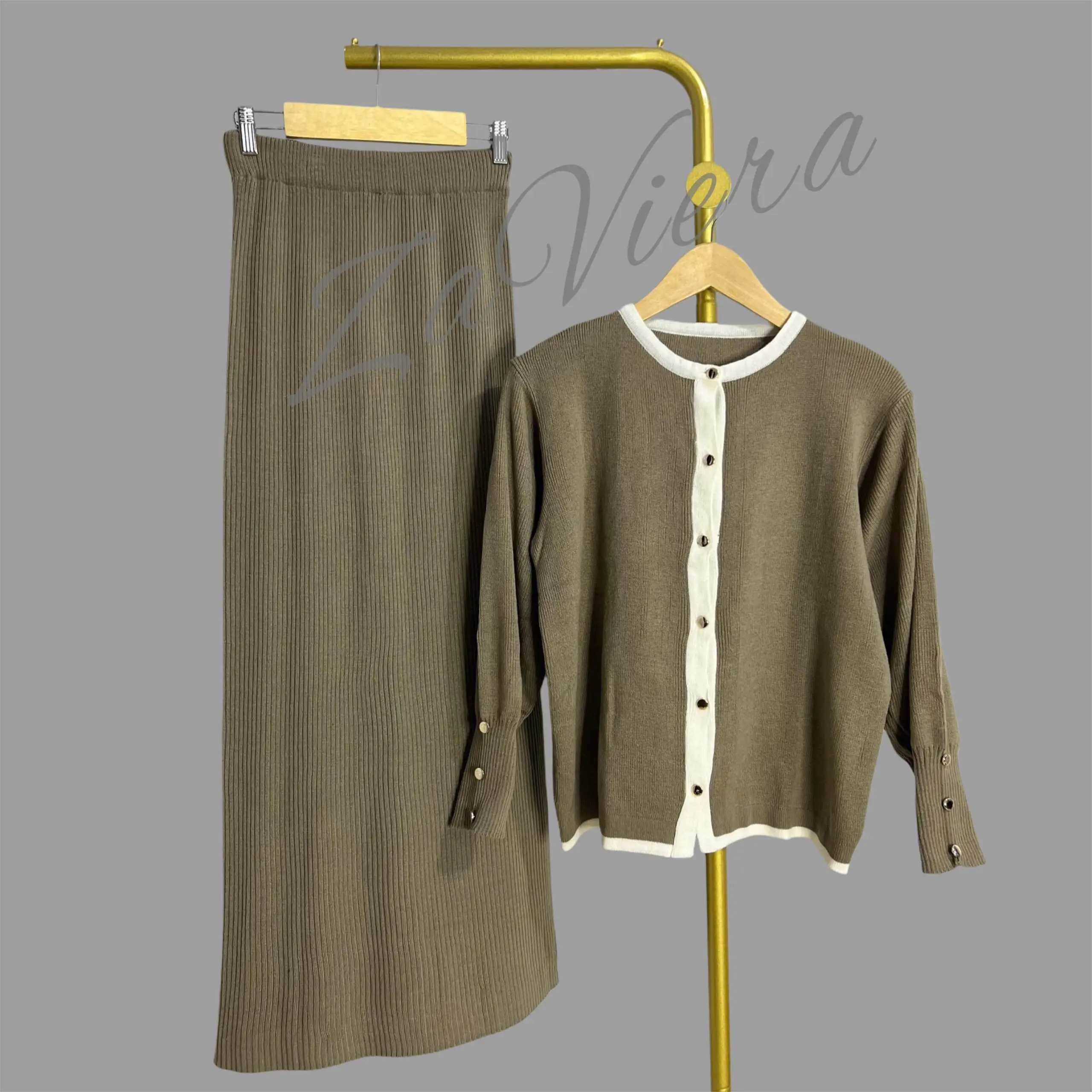 Oneset Cardigan Yasmin Lengan Panjang Kancing dan Rok Rajut Premium Wanita