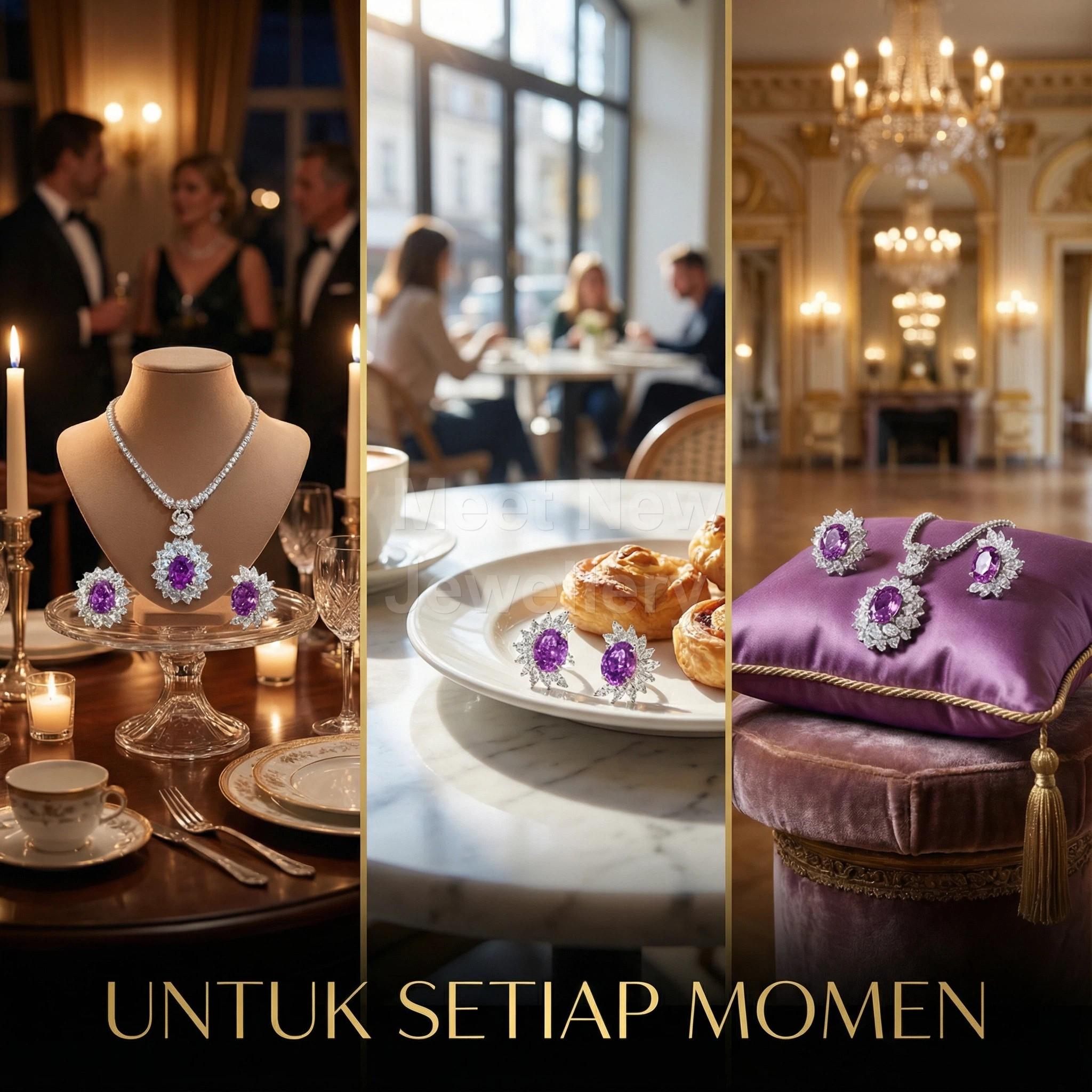 MNS42U Set Perhiasan EleganCOLOS42U Tiga Potong Batu Permata Ungu Bermutu Tinggi Anting Kalung Cincin untuk Wanita Desain Klasik Mewah