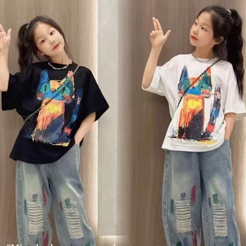 [MinMinKid2] (18-46kg dưới 1m55) Set áo thun cotton in hoạ tiết MÈO LOANG, quần jean dài phối rách cá tính cho bé gái