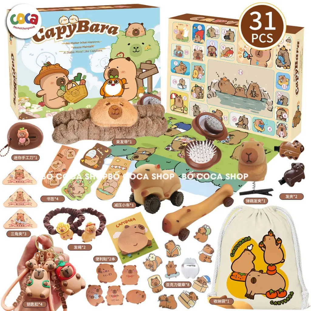 Hộp quà bất ngờ capybara siêu to 31 chi tiết , hidden box capybara, labubu hộp quà bóc ô đếm ngược