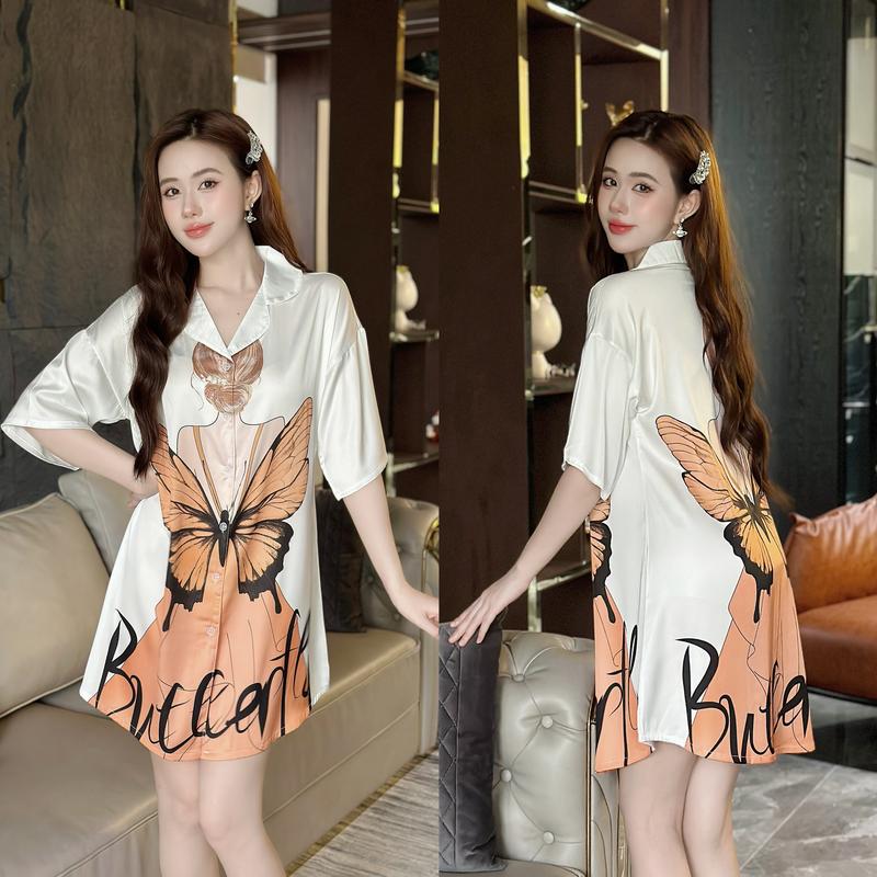 Váy ngủ sơ mi lụa Latin Hisexy đầm mặc nhà suông rộng thoải mái in hình cao cấp SM16 Nữ Women Dress Nhung Voi
