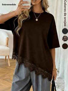 Camiseta casual de mujer holgada estilo Y2K con media manga y ribete de encaje, diseño de dobladillo asimétrico, para todas las estaciones, cómoda como ropa de estar en casa