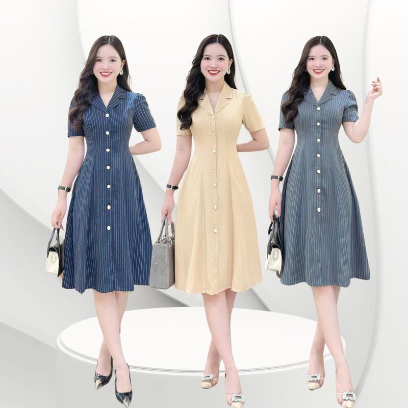 Đầm váy sọc nữ thiết kế Nhật Vy đính cúc kiểu dáng ôm tay ngắn cổ vest bigsize chất lụa phù hợp công sở văn phòng dự tiệc quà tặng vợ mẹ màu nâu màu xám màu xanh đen - D3343