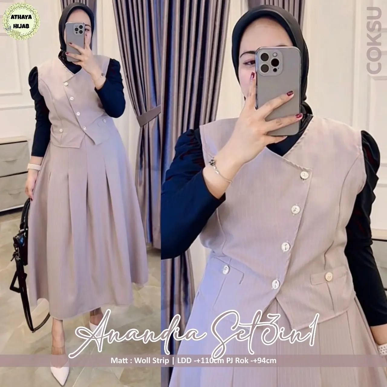 SETELAN 3in1 ONE SET FASHION LD 110 BAHAN WOLL STRIP - ANANDIA SET3IN1