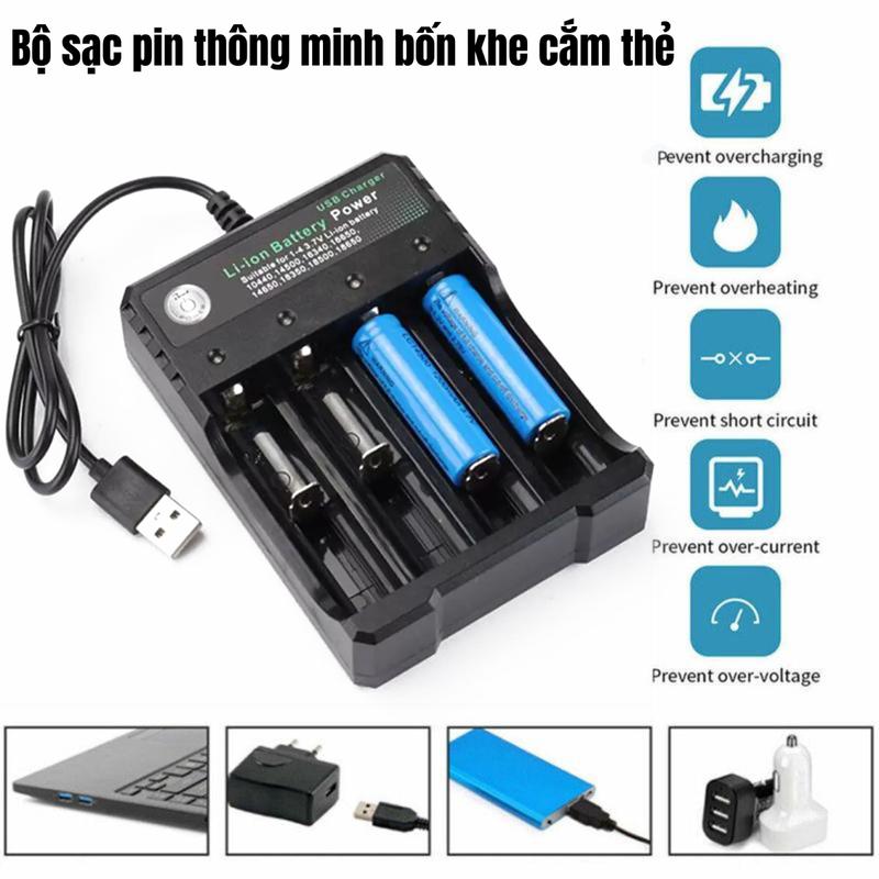 Sạc Pin Tự ngắt và có đèn báo khi đầy 4 Khe cao cấp dùng cho pin 18650 AA