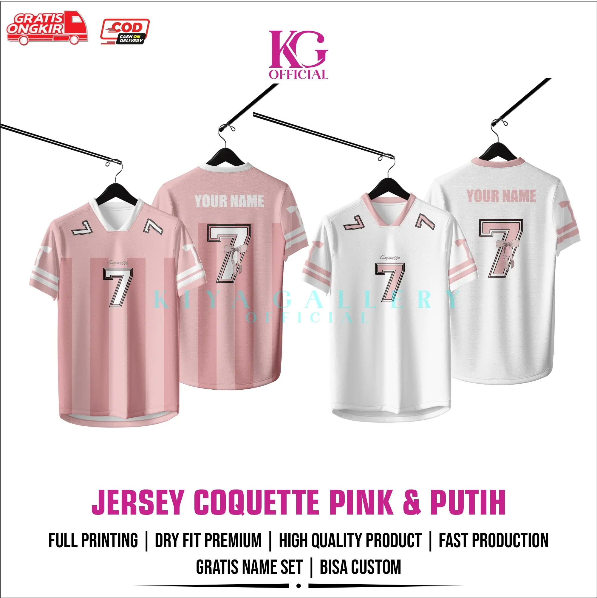 BAJU JERSEY COQUETTE RIBBON KOREA VOLY, FUTSAL, TENIS, BALET PINK DAN PUTIH FULL PRINTING GRATIS PASANG NAMA DAN NOMOR