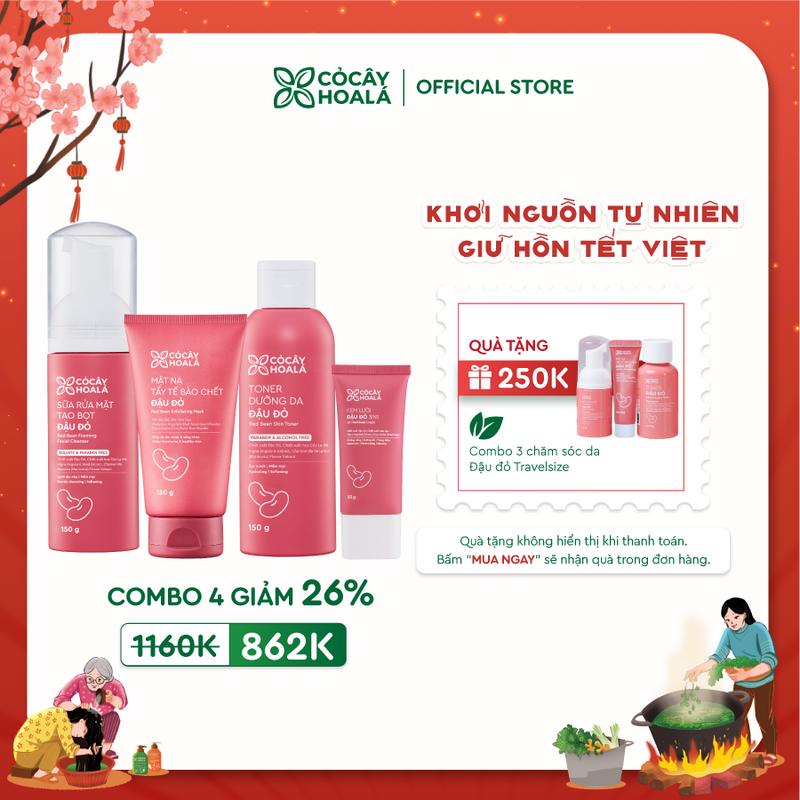   COMBO CHĂM DA GIẢM 26%  Combo Sữa Rửa Mặt Tạo Bọt Đậu Đỏ 150g & Mặt Nạ Tẩy Tế Bào Chết Đậu Đỏ 2in1 150g & Toner Đậu Đỏ Cỏ Cây Hoa Lá 150g & Kem Lười Kem Chống Nắng Đậu Đỏ 3in1 Cỏ Cây Hoa Lá 25g Chống nắng SPF50 PA ++++ 