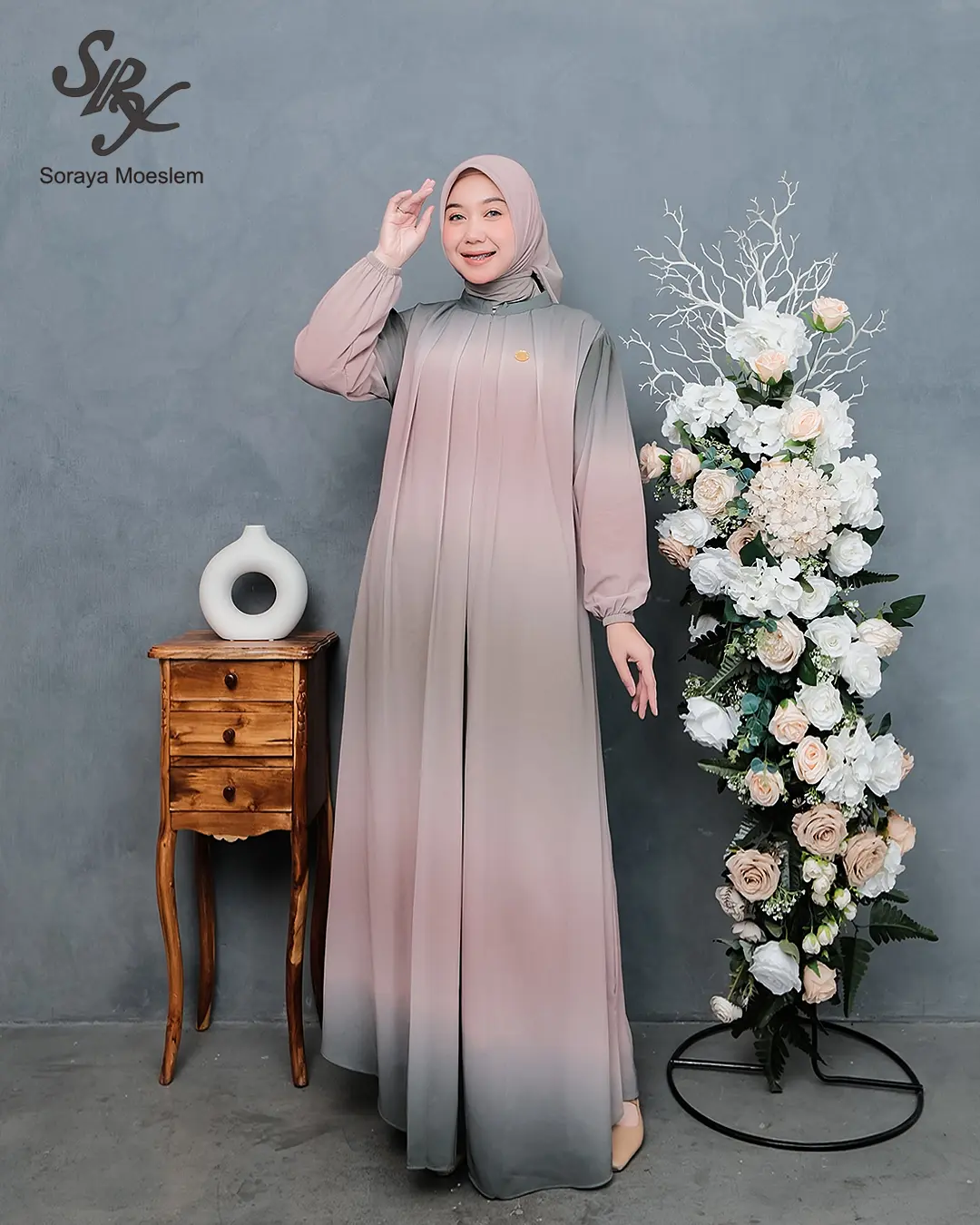 SORAYA MOESLIM - Set Zeta Gamis Ceruty Babby Doll Gradasi Mix Hijab  - Busana Muslim Mewah Wanita Remaja Dewasa Syar'i Dress Kerudung