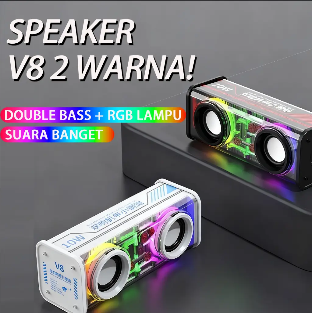 Speaker Bluetooth Mini V8 Desain Transparan Tema Mech dengan Bodi Steel Portable untuk Desktop Party Outdoor dan Aktivitas Travel Lampu RGB Sinkron Musik Bluetooth 5.3 Passive Radiator 2x6W TWS USB Type-C 1800mAh Double Transparant Subwoofer LED Light