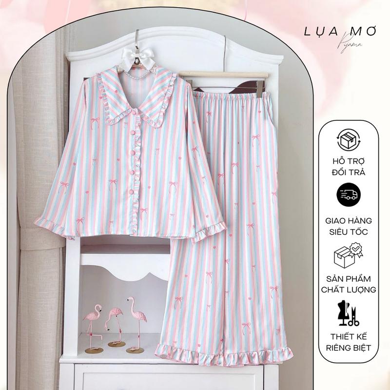 Pijama Tay Dài Tiểu Thư Phối Bèo Họa Tiết Basic Vải Lụa Latin Cao Cấp - Đồ bộ Lụa Mơ LM225