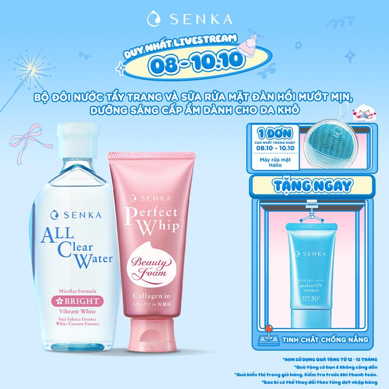 [Livestream new] [Date T3/2026] Bộ đôi Nước tẩy trang micellar dưỡng sáng cấp ẩm SENKA A.L.L CLEAR WATER MICELLAR FORMULA BRIGHT 230ML & Sữa rửa mặt đàn hồi mướt mịn SENKA PERFECT WHIP COLLAGEN IN 120G
