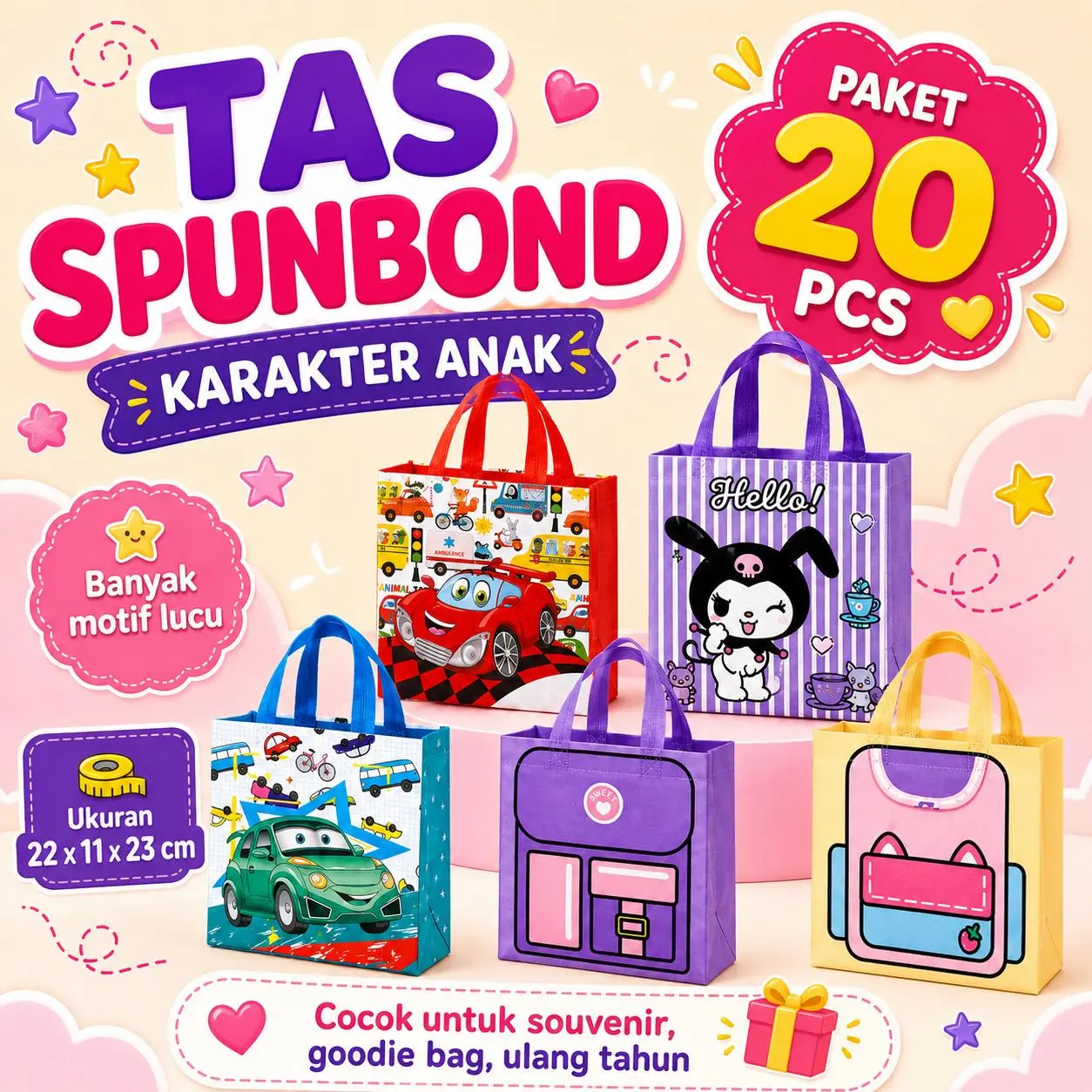 (PAKET 20PCS) Goodiebag Anak Motif Karakter - Hampers Hadiah Kartun - Tas Ultah Anak anak - Tas Anak anak - Tas Bingkisan Ulang Tahun - Tas Ultah Lucu - Souvenir Kartun Lucu Terlaris - Goodiebag Souvenir Premium -Tas Souvenir Ultah -Goodie Bag Ulang Tahun