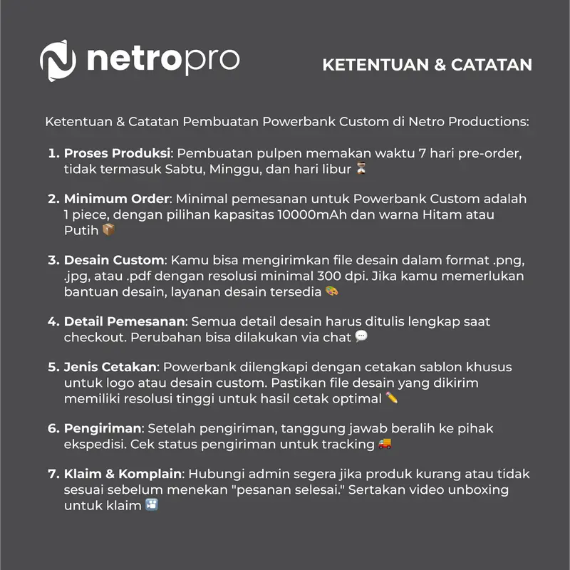 Powerbank Custom Souvenir 10000mAh, Type C, Cetak Sablon - Hitam/Putih - Netro Productions 4