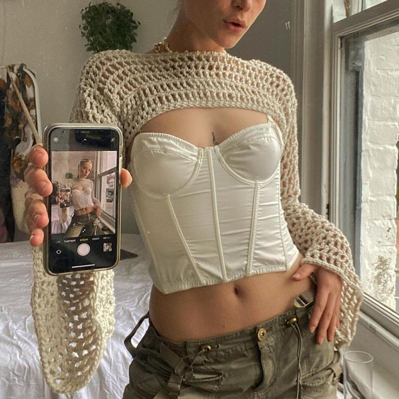 Y2K Knitted Crop Top Hollow Out Loose O Neck Long Sleeve Crochet Smoc…
