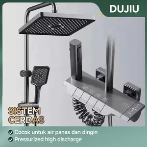 DUJIU Inti tembaga bermutu tinggi pelapisan titanium 5 lapis tampilan suhu dan waktu cahaya sekitar rak kaca siram kuat multifungsi cocok untuk bak mandi dan pancuran di kamar mandi pancuran dengan filter air katup panas dan dingin
