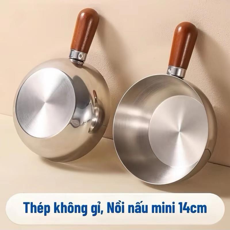 Nồi Nấu Mì, Nấu Đồ Ăn Dặm Cho Bé Nhỏ Gọn 14cm Inox 304 Cao Cấp, An Toàn, Tay Cầm Tròn