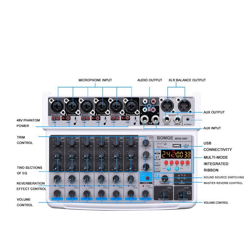 Product Introduction of BOMGE-mini 8 Channel Audio Mixer, Line Mixer, DC 5V, with MP3 Player, Bluetooth, 48V U Disk, 24DSP Effect, USB Recording Suitable for small club or bar, studio recording 18