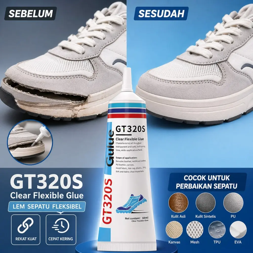 Lem Sepatu GT320S 60ml Fleksibel Transparan, Perbaikan Sol Sepatu Anti Lepas - Gulue