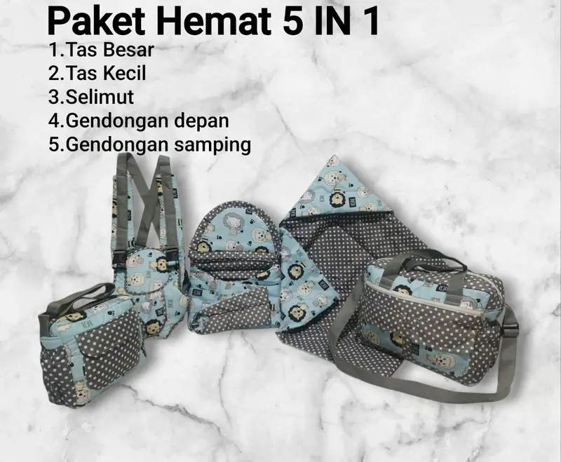 PAKET HEMAT 5 IN 1 Selimut bayi,tas  bayi besar,tas kecil, gendongan depan,gendongan samping Bunda 1