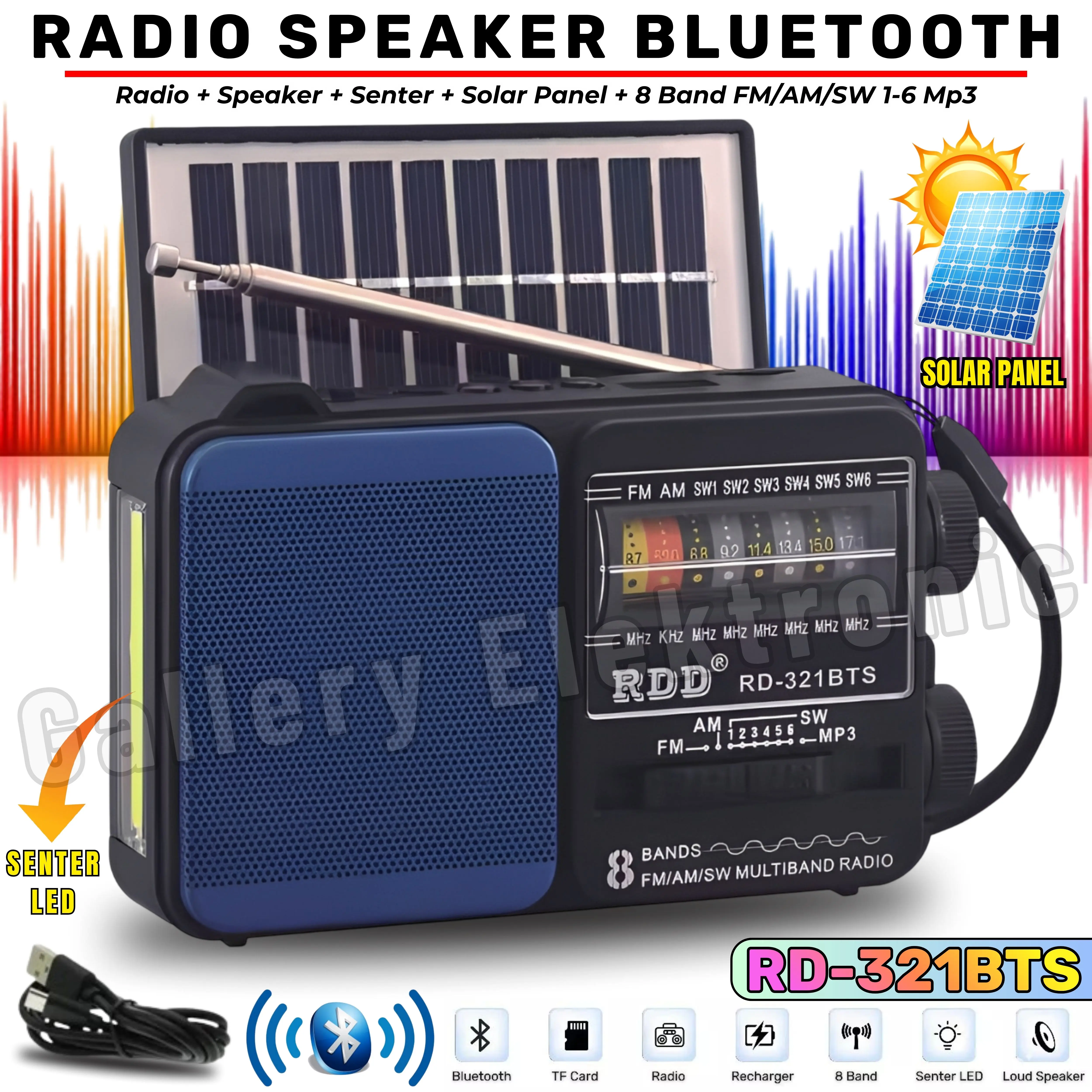 TERBARU~Radio Portable Multifungsi RD-321BTS Ada Senter Emergency + Solar Panel | Speaker Radio Bluetooth Full Bass Salon Aktif 8 Band FM/AM/SW 1-6 Bisa Di Cas Charger USB | Speaker Murottal Mini Pocket radio Internasional Suara Keras Sinyal Kuat | GA