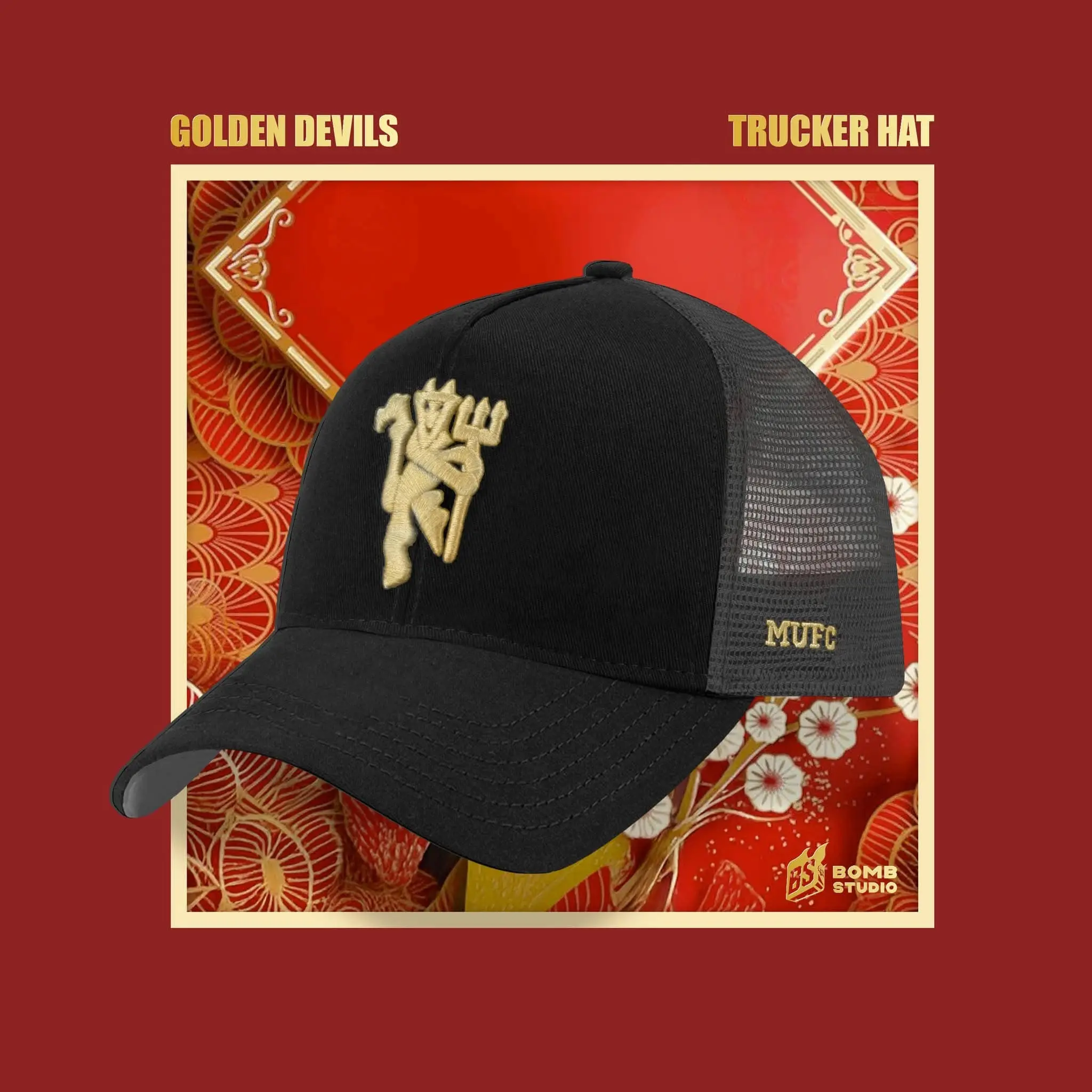 Nón kết, mũ lưỡi trai Trucker lưới MUFC logo Quỷ vàng gold, thoáng mát - BOMBSHOP [HAT92]