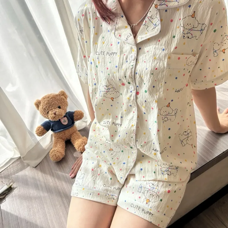 Bộ pijama đũi cộc tay họa tiết cún con chấm bi đa sắc