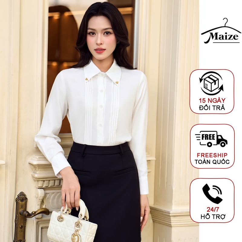 Áo sơ mi nữ bấu ly Maize độc đáo sơ mi công sở cổ đức đính trái tim hợp kim sang chảnh chất vải suông mềm chống nhăn