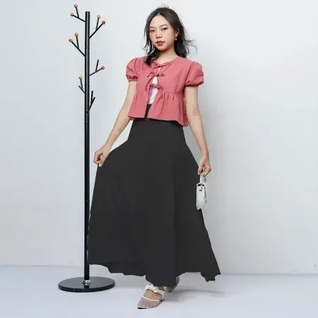 IR - Skirt Wanita Polos Korean Style Bahan Crinkle Airflow Nyaman / Rok Rempel Korea / Skirt Wanita / Long Skirt Polos Hitam Panjang Maxi Casual