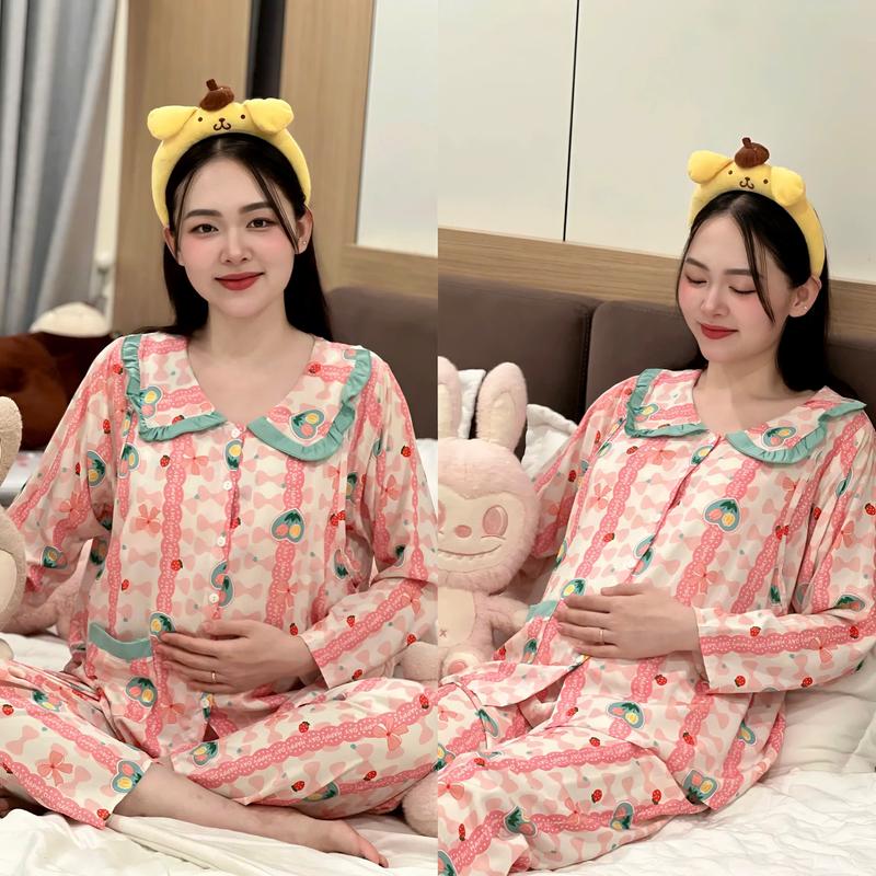  Bộ bầu và  sau sinh tay dài quần dài cổ sen bầu mặc bầu và sau sinh tiện lợi thoải mái Váy Bầu Đầm Bầu 