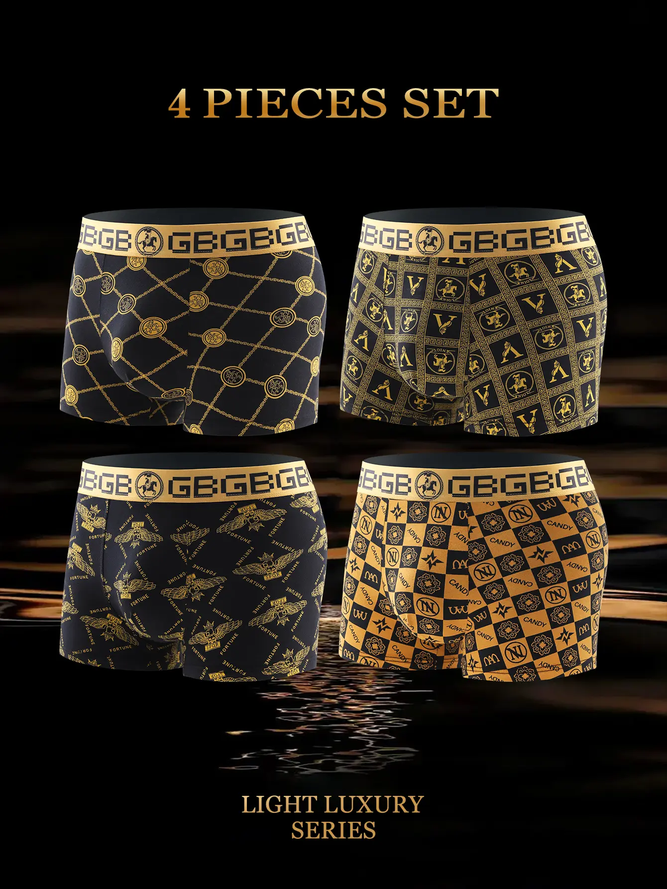 4 pairs of black and gold men's underwear tight boxers Luxury gold print breathable loose comfortable boxers