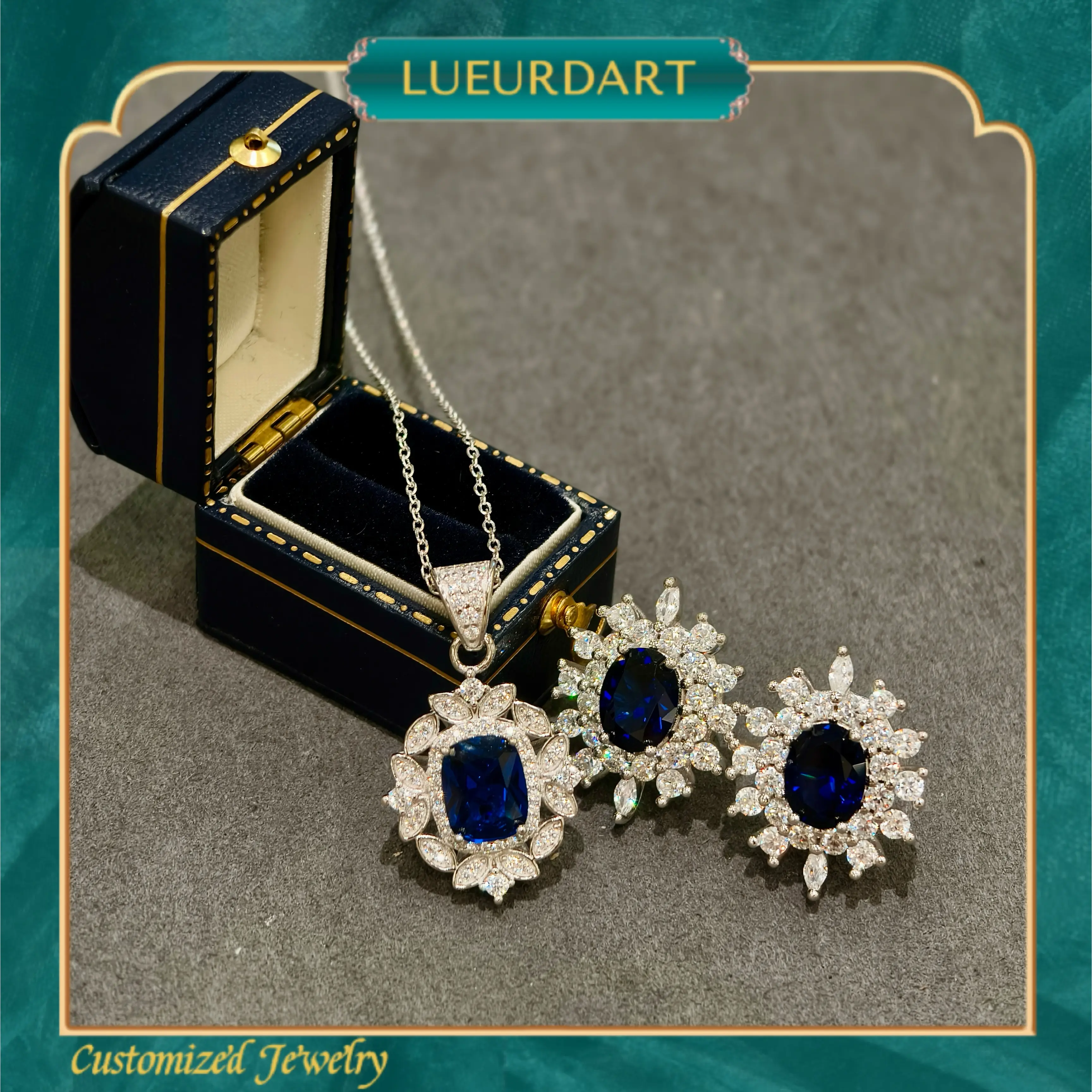 Dark Blue Vintage European Necklace Ring Earrings 3 Pcs Set s925 silver