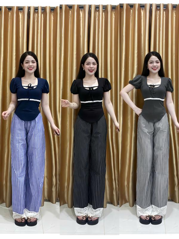 Bộ sưu tập set đồ xinh mùa hè áo kiểu bánh bèo quần đũi sọc phối ren cho bạn nữ