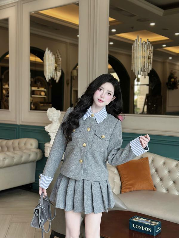 Set dạ ép dày dặn 2 lớp phối cổ sơ mi tiểu thư túi cúc đồng sang chảnh mùa thu đông KENVY STORE N325