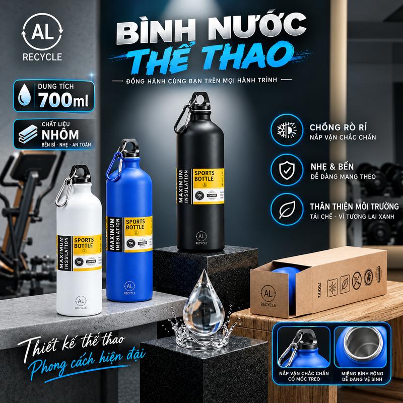 Bình nước đạp xe ngoài trời chất liệu nhôm dung tích 700ml, bình nước đi bộ đường dài di động, bình nhôm một lớp, bình nước thể thao dung tích lớn