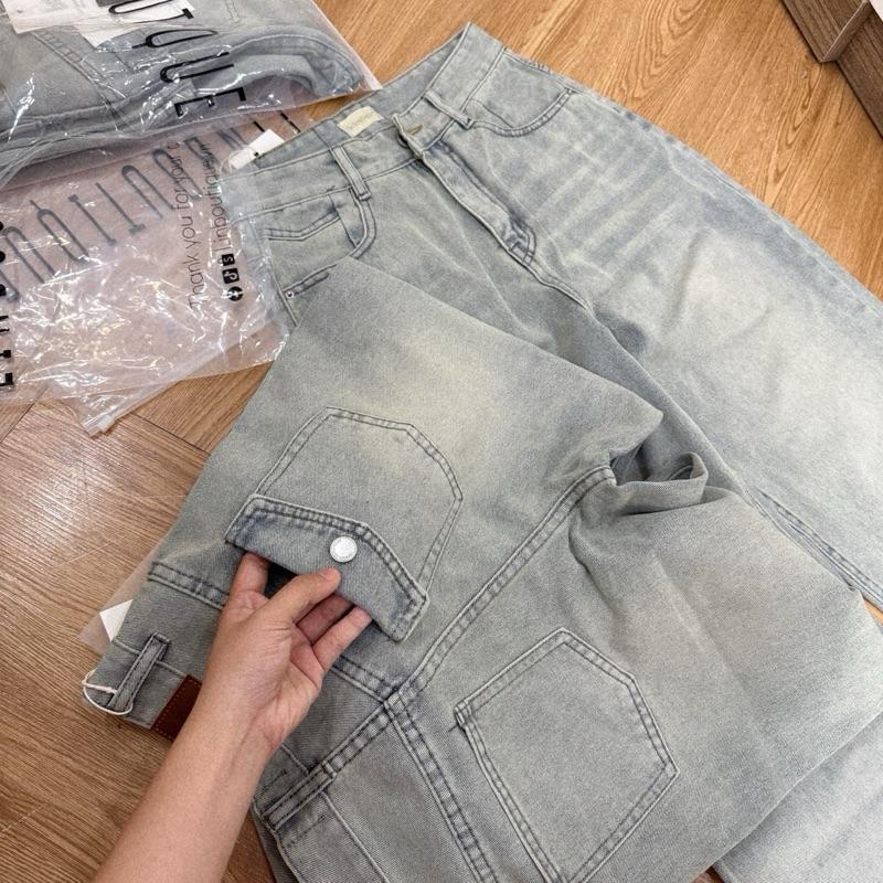 [Q282] Quần jean suông nữ lưng cao túi nắp sau màu xanh sáng dáng 93cm cho nấm lùn