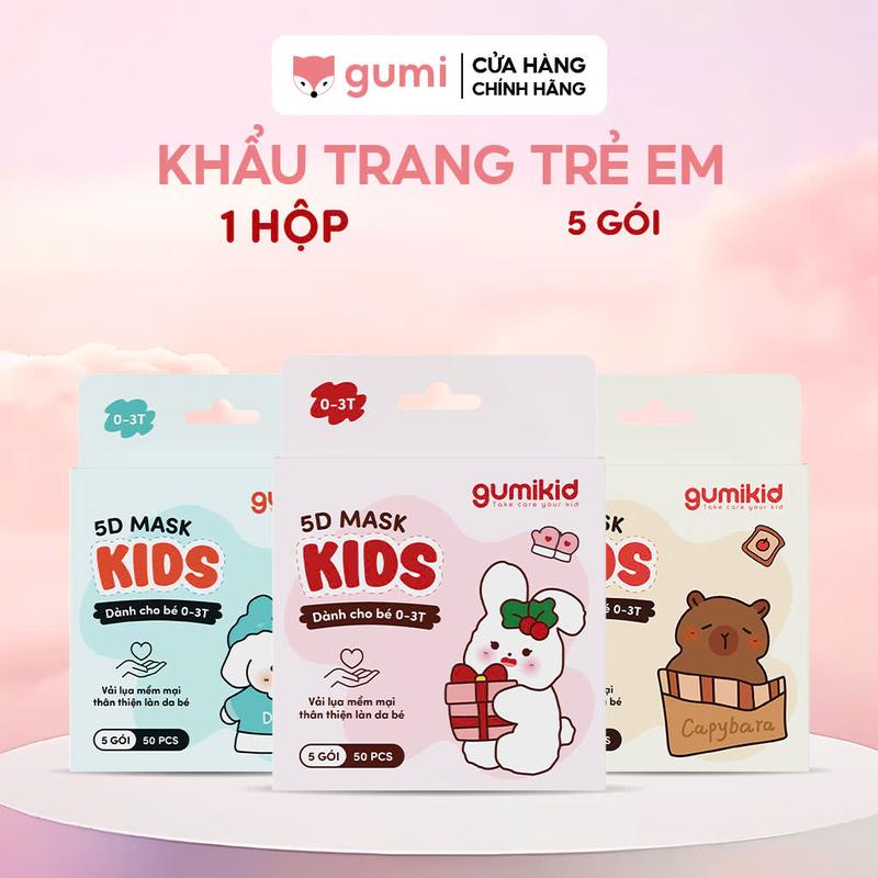(Mall)[0-3 TUỔI] COMBO 2 HỘP Khẩu trang 5D trẻ em lụa Gumi 3 lớp mask kháng khuẩn lọc bụi PM 2.5 họa tiết dễ thương cho bé