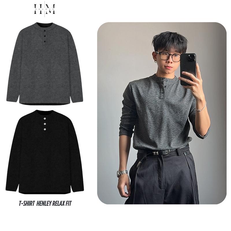    RELAX FIT   Áo Thun Henley Chất Vải Len Tăm Cổ Cúc Dài Tay Nam Form Relax Fit Tôn Dáng SIXHUMAN HMT001 
