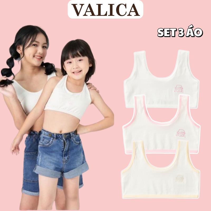 [ Size 28-45kg] Combo 3 Áo Lót Học Sinh Chất Cotton Mềm Mại Thấm Hút Tốt - Set 6 Áo Lá Viền Màu Cho Bé Gái VALICA A757