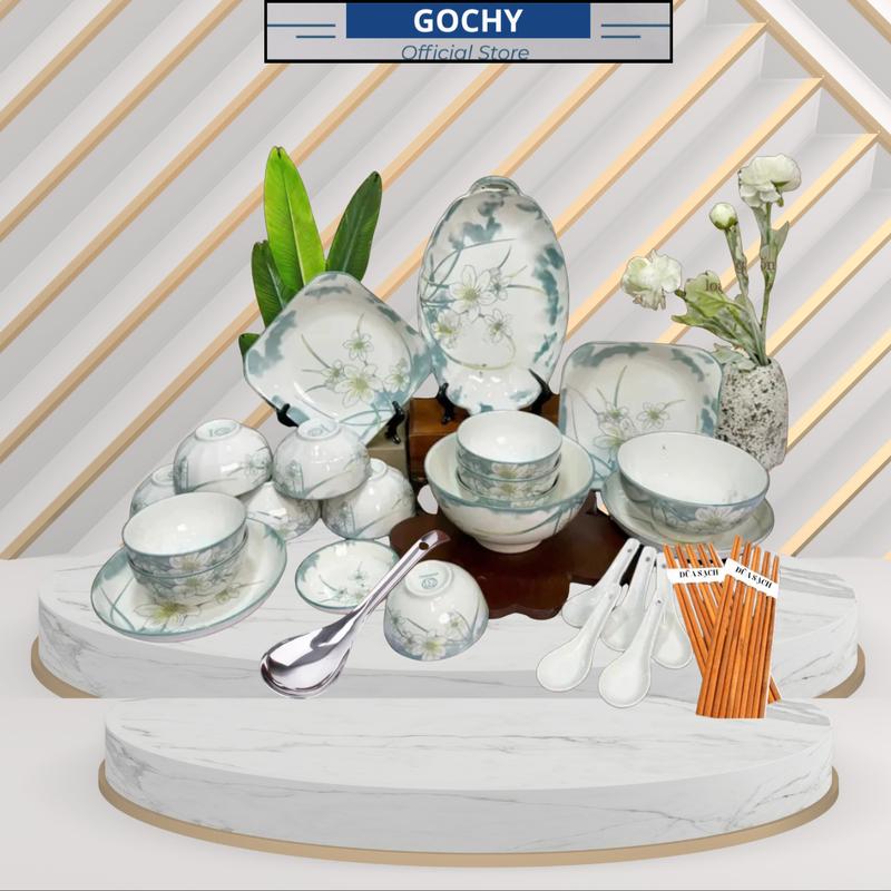 Bộ Bát Đĩa Họa Tiết Hoa Thủy Tiên Cao Cấp Gốm Sứ Ceramic Loại 1 decor trang trí bàn ăn sang trọng hiện đại