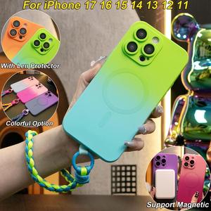 Gradient Color Magnetic Wireless Charge Matte Case with Woven Wristband For iPhone 17 Air 17Pro 17ProMax 16E 16 15 14 13 12 11 Pro Max Plus Wireless Charging Soft Bumper Cover